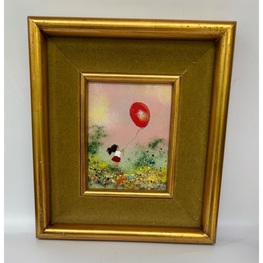 VNT LOUIS CARDIN SIGNED ENAMEL ON COPPER FRAMED PAINTING GIRL WITH RED BALLOON